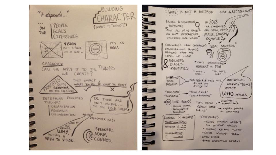 Two open notebook pages showing the author’s earliest attempts at sketchnotes, using lots more words than images.