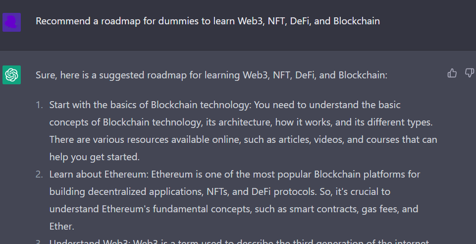 Asking ChatGPT to recommend a roadmap for dummies to learn Web3, NFT, DeFi, and Blockchain.