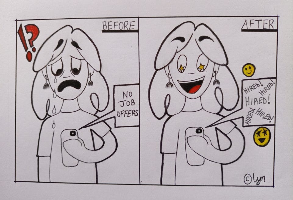 A before-and-after hand drawing of a female UX Designer coming from no job offers to multiple job offers.