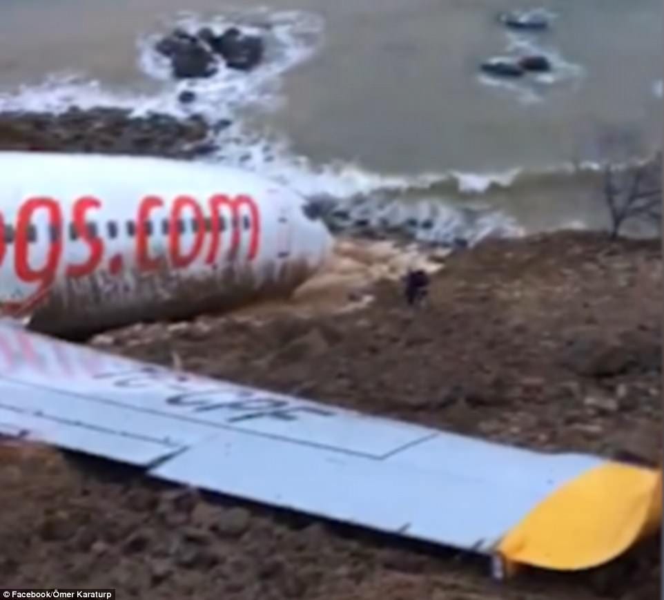 Panic spread through the Boeing 737-800 as it stopped at the edge of the Black Sea - with its nose dangling precariously off a cliff edge