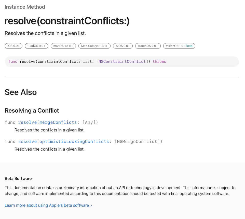 A screenshot of the empty documentation page for the resolve(constraintsConflicts:) method.