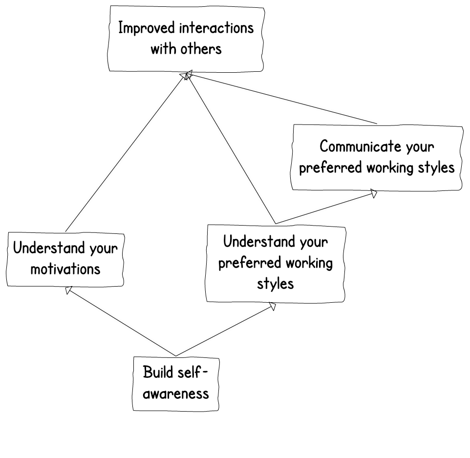 Cause effect diagram: build self-awareness to understand your motivations and understand your preferred working styles; understand your motivations, understand your preferred working styles and communicate your preferred working styles to improve your interactions with others.