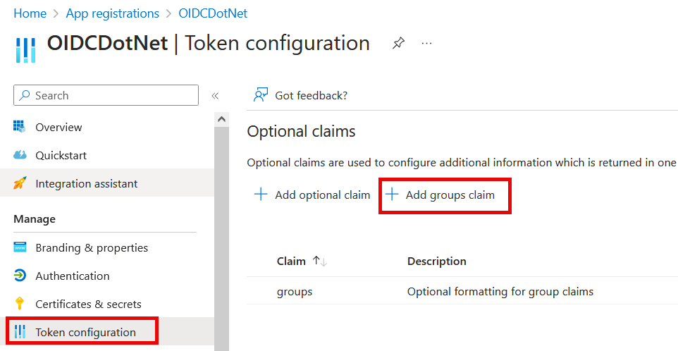 Omage of “Token configuration / Add groups claim”