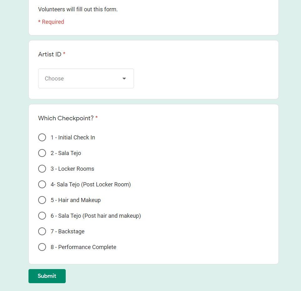 Volunteers at each checkpoint submit a form when an artist arrives