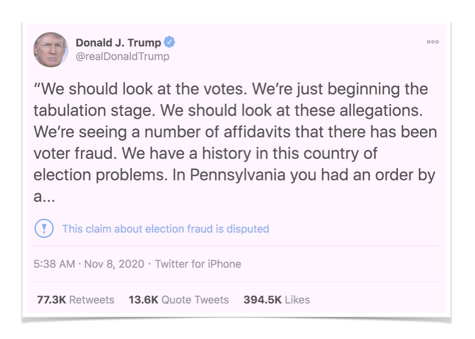 Image of flagged Trump tweet that has 394.5k likes, 13.6k quote tweets, and 77.3k retweets
