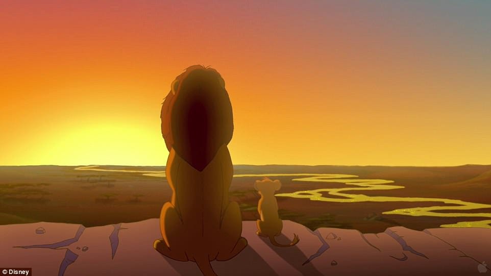 An image from Disney’s The Lion King showing Simba and his father looking out over their kingdom.