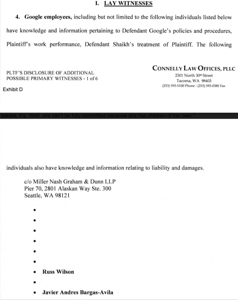 A screenshot of a declaration from GLASSON VS GOOGLE LLC ET ANO, stating: “Google employees, including but not limited to the following individuals listed below have knowledge and information pertaining to Defendant Google’s policies and procedures, Plaintiff’s work performance, Defendant Shaikh’s treatment of Plaintiff. The following individuals also have knowledge and information relating to liability and damages” Javier Andres and Bargas-Avila Russ Wilson are listed.