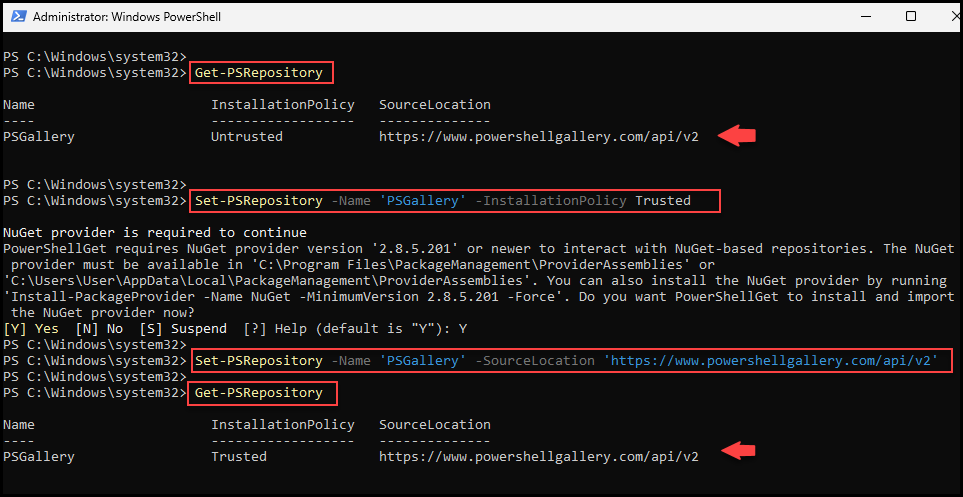 Figure 04 — shows adding the PSGallery to the trusted repositories with the Set-PSRepository command. r3d-buck3t, Azure, Az, pentesting, Microsoft