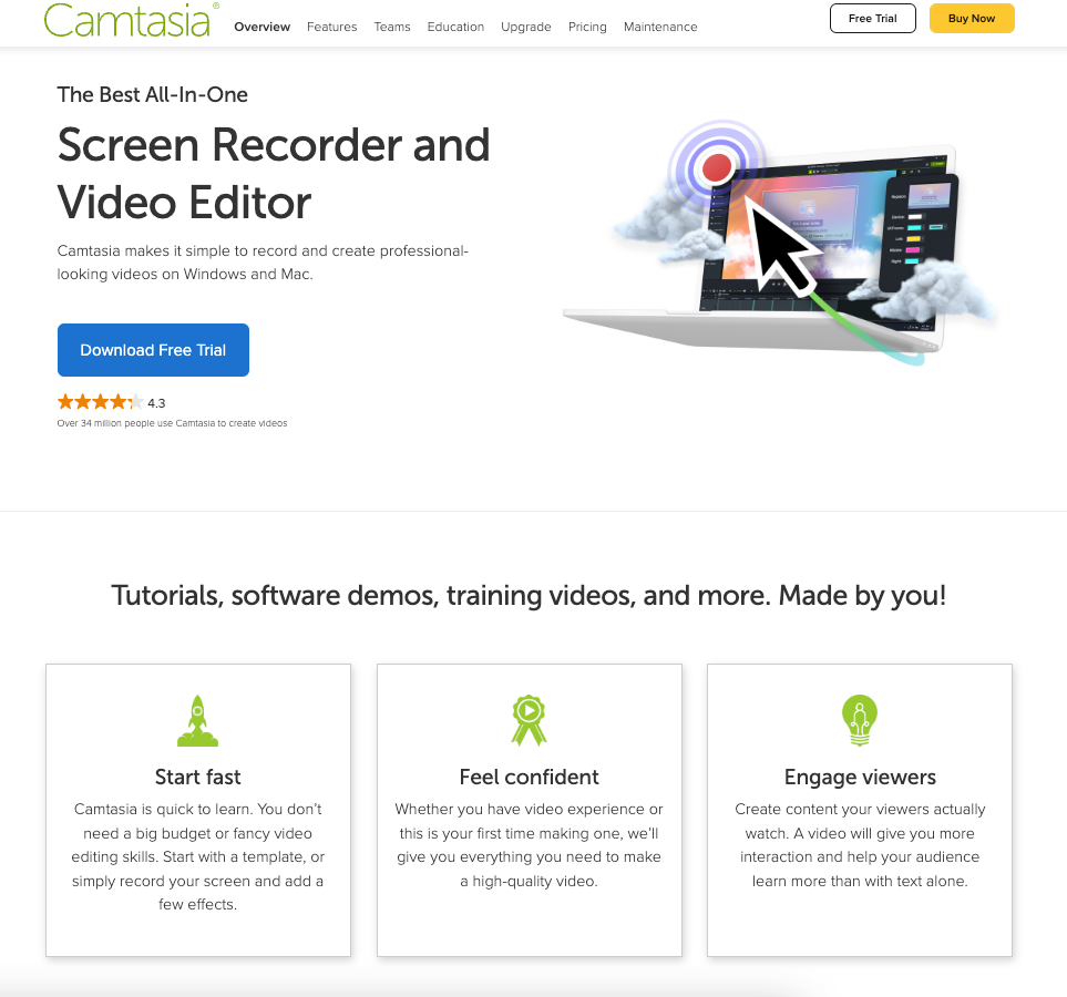 Home page of Camtasia screen recorder and video editor.