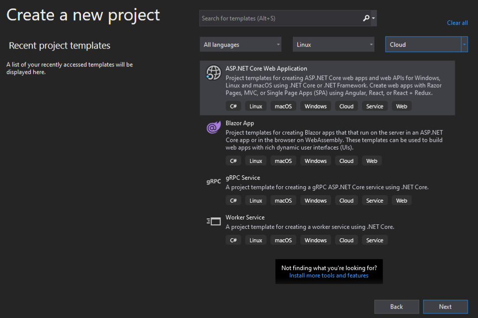 Visual Studio — Create a new project dialog