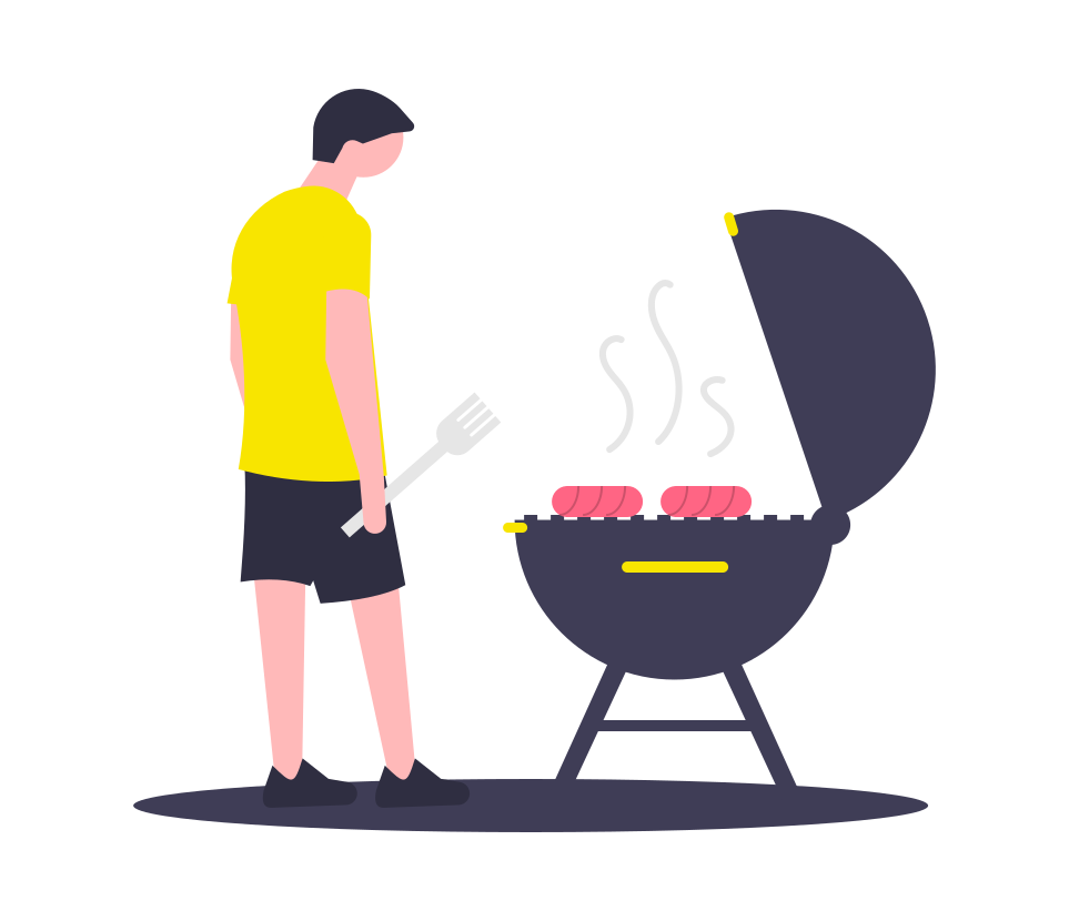 An illustration of a man in a yellow top and shorts, grilling a couple of burgers for 4th July