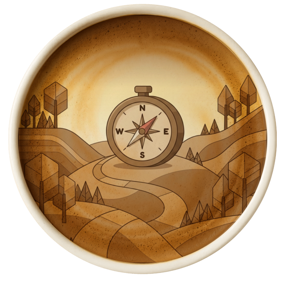 A large compass sits atop a hill with winding paths. The image is sepia-toned and dark, blurry rings along the outside are suggestive of espresso and milk foam.
