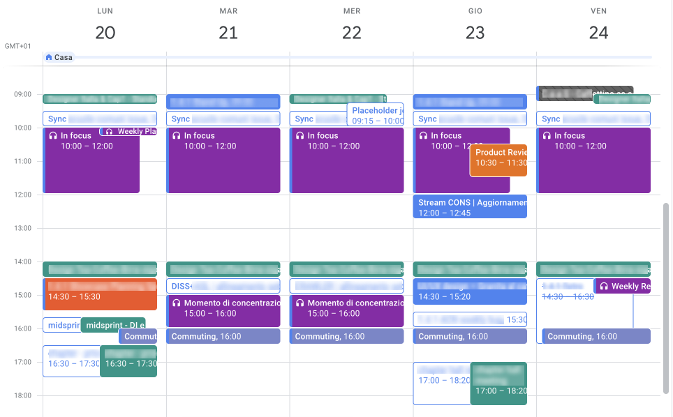 A preview of Google Calendar screen where different meeting and events are shown with different colors