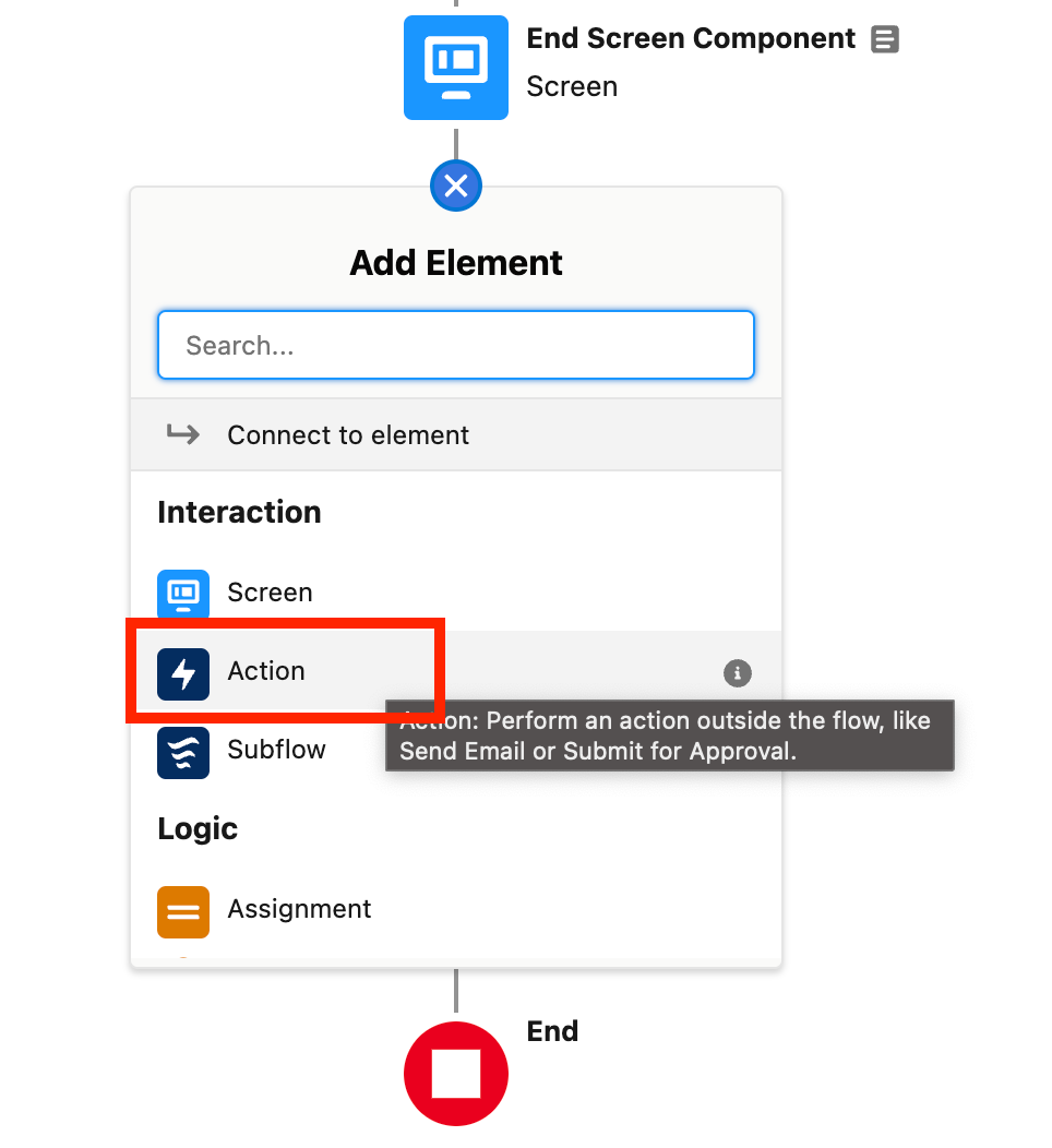 screenshot of the email action element
