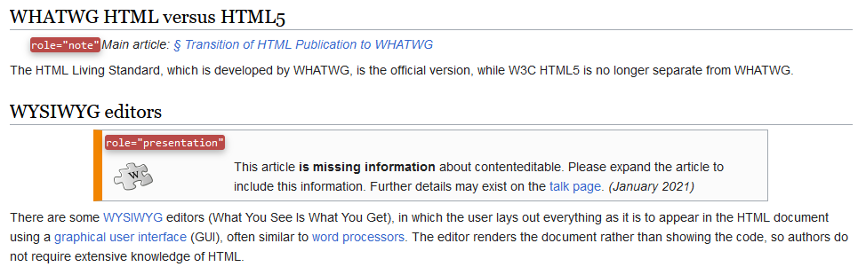 An example of the Web Developer plugin being used on the wikipedia page on HTML, showing ARIA presentation roles being used