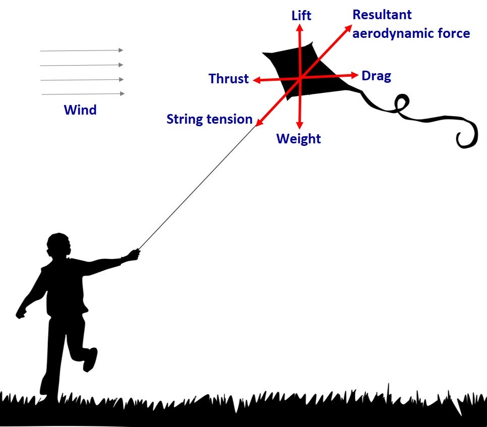 Sillhoutte of a boy flying kite, with aerodynamic forces shown on kite.