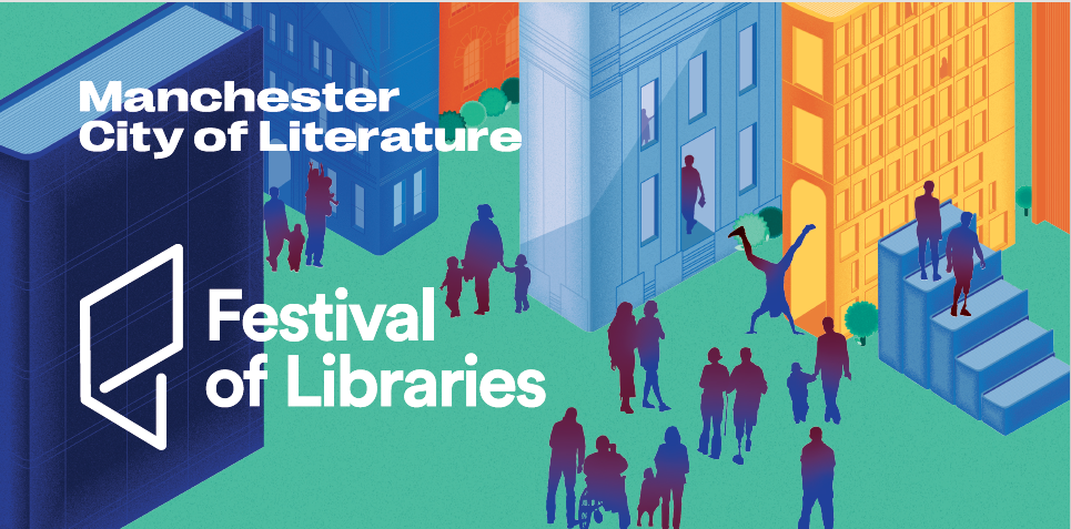 Festival of Libraries 2023 banner by Manchester City of Literature, representing a diverse crowd of people exploring a city made of books