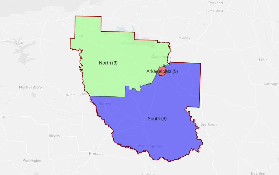 A theoretical map of Clark Co. AR with three districts: a five-member district in Arkadelphia, a three-member district in the north, and another three-member district in the south for a total of eleven JPs.