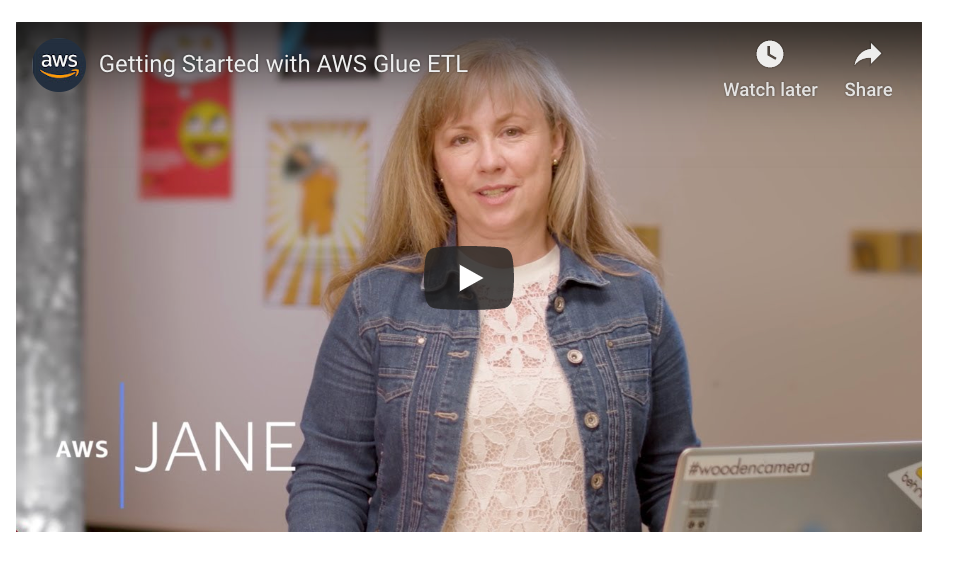 Video of getting started with AWS Glue ETL, woman in jean jacket and white shirt is talking