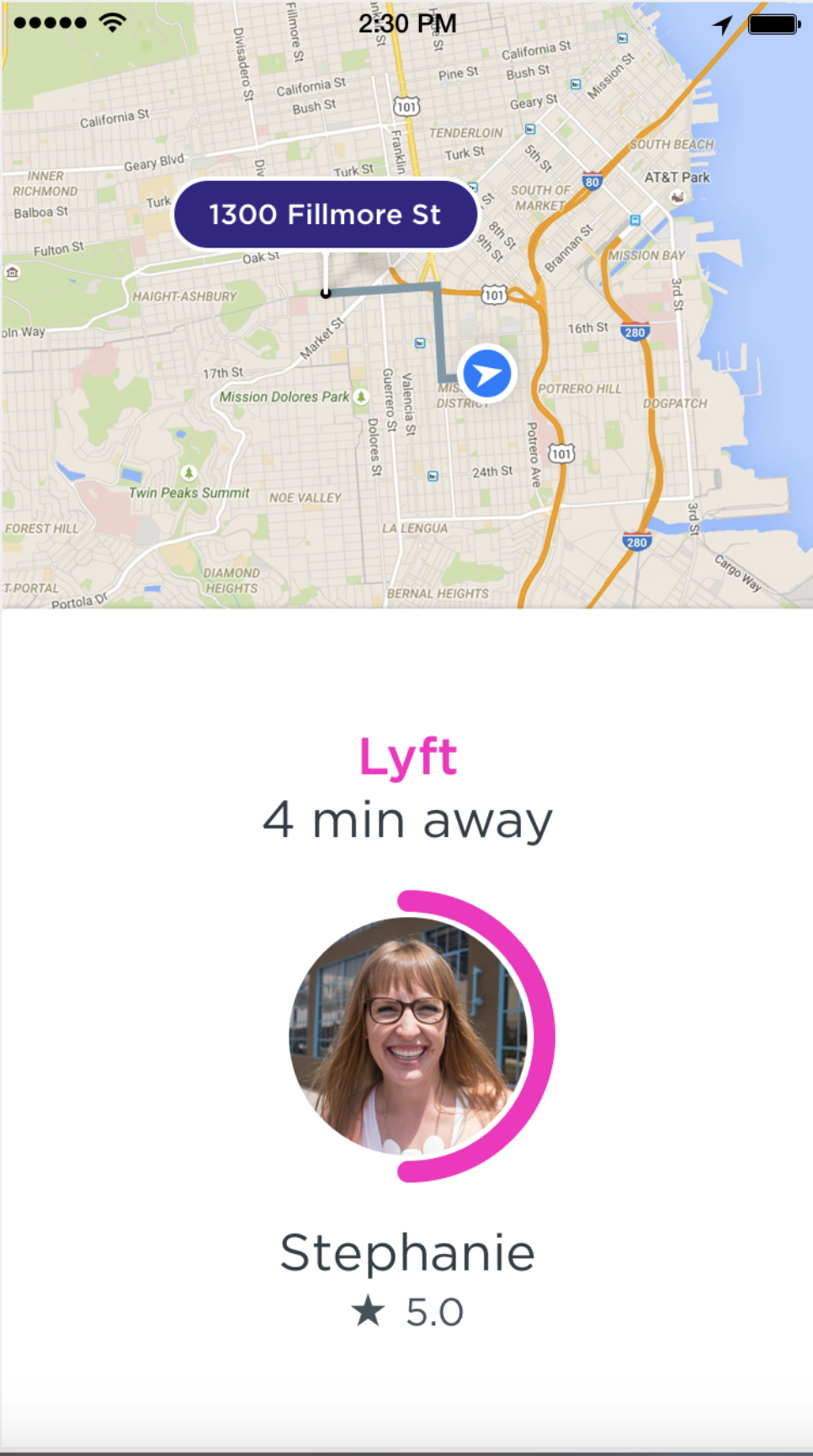 A screenshot from the Lyft app. There’s a map, a photo of the driver, and a message that says she’s 4 minutes away. The driver’s 5-star rating is also displayed.
