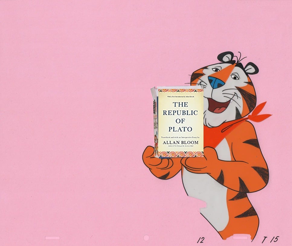 Tony the Tiger holding a copy of Alan Bloom’s translation of the Republic of Plato.