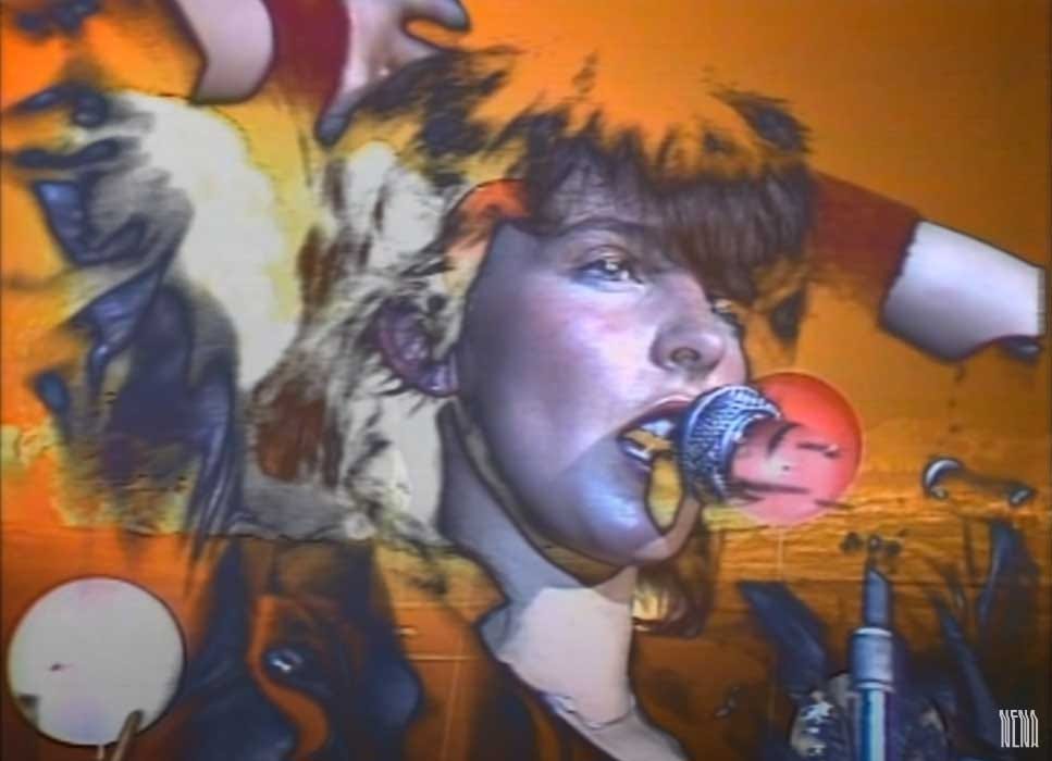 Screenshot from the 99 Red Balloons video, showing singer NENA in washed out colors