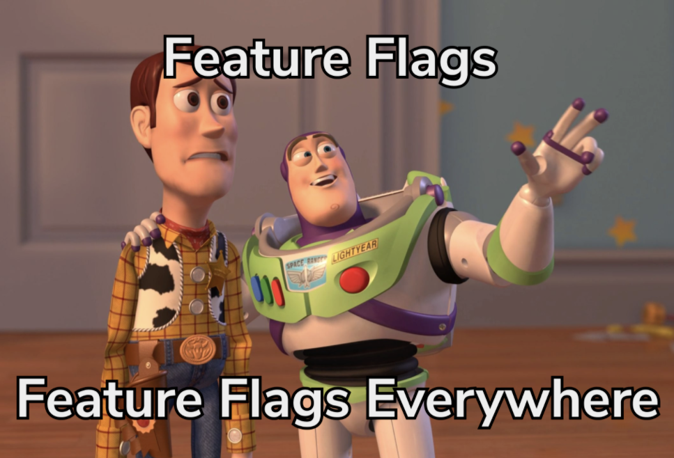 O Buzz falando para o Wood (Toy Story) falando: Feature flag, feature flag em todo lugar (em inglês)