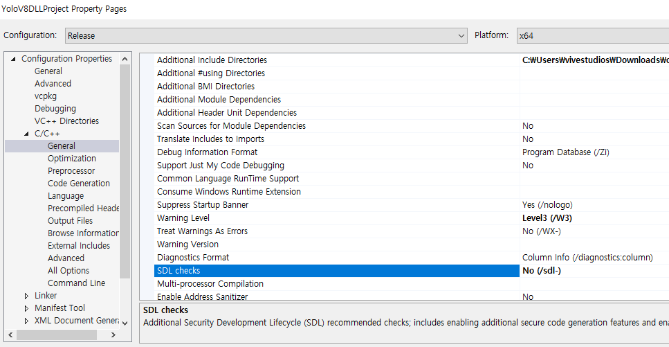 Configuration panel in Visual Studio for YoloV8DLLProject with focus on C/C++ General settings. The panel shows ‘SDL checks’ highlighted, indicating the security feature is set to ‘No’, which disables the Security Development Lifecycle checks in the project’s Release configuration on an x64 platform.