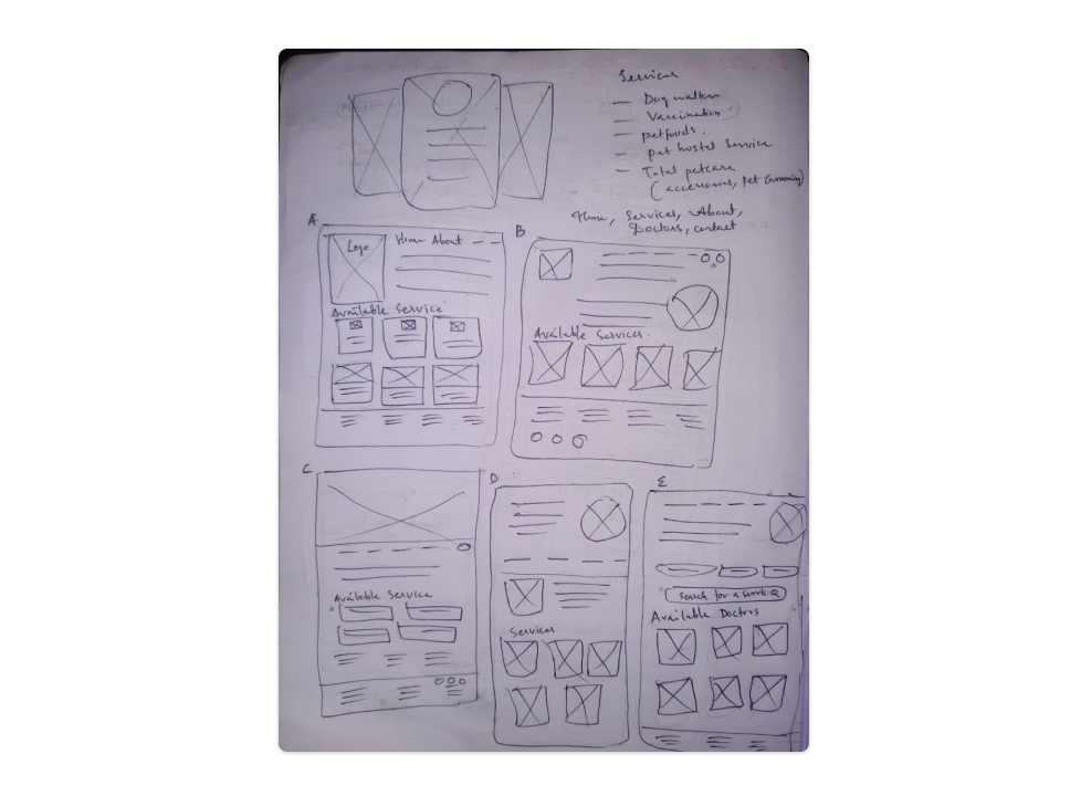 Image of paper wireframe that contains different versions of home page