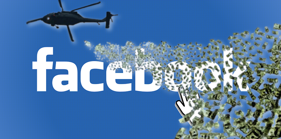 The word facebook in white color on a blue background. On the top left a helicopter is airdropping dollar bills.
