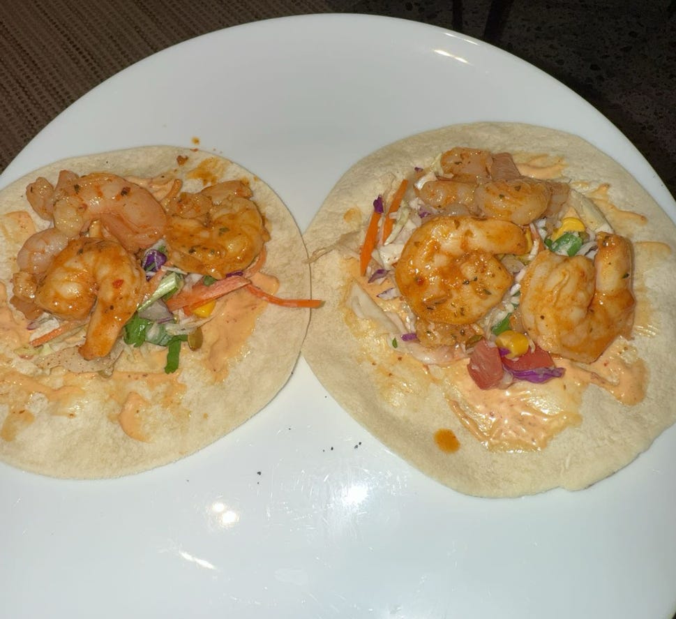 The only photo I have of the chipotle prawn tacos. They were so delicious!