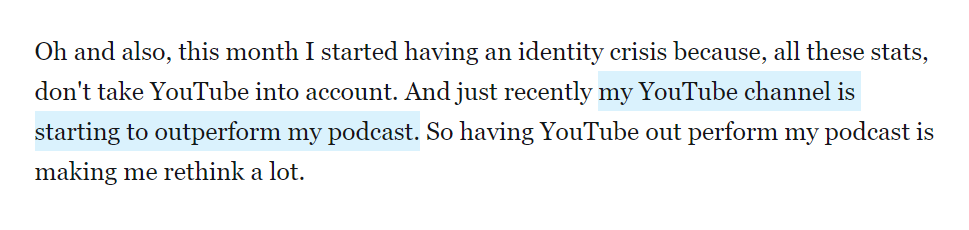 Excerpt from article Jack wrote, stating that he is currently getting more views on YouTube than downloads via podcasting apps