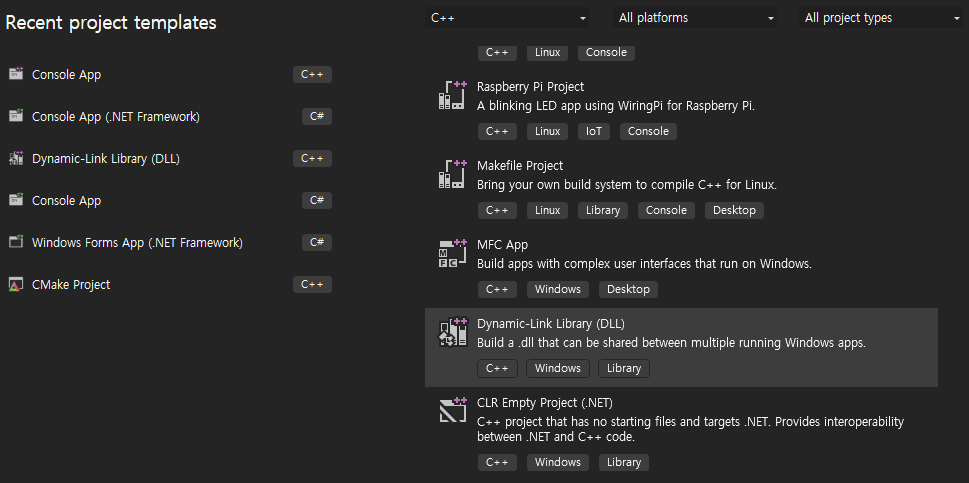 Screenshot from Visual Studio 2022 displaying a selection of project templates for creating C++ applications across different platforms. Highlighted is the ‘Dynamic-Link Library (DLL)’ template under the Windows platform, used for creating a DLL project named ‘YoloV8DLLProject’, indicating the start of a new process for creating a dynamic library