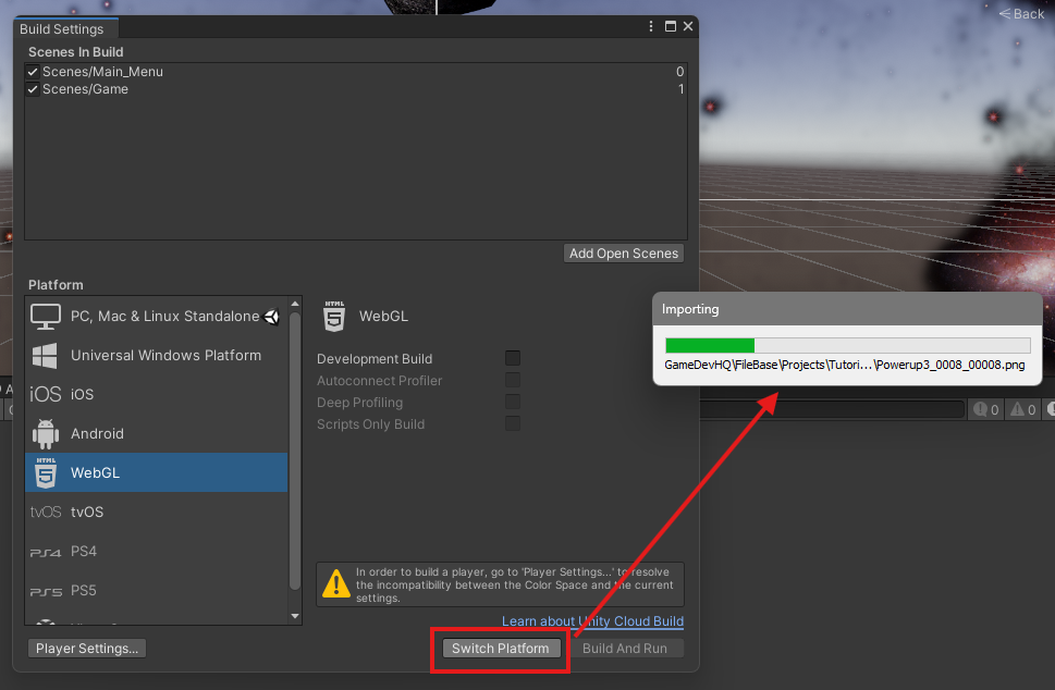 Screenshot of Unity transferring project files to the WebGL format after clicking the Switch Platform button, The Unity Build Settings screen is shown with Switch Platform highlighted