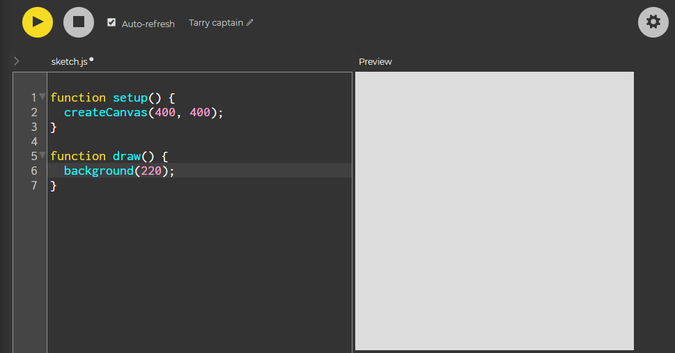 Screenshot of the p5js web editor showing the boilerplate code it loads up with and a blank preview window on the side.