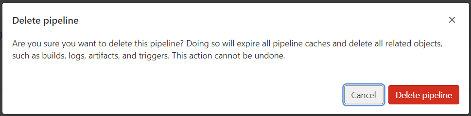 Warning message when a user tries to delete a pipeline.