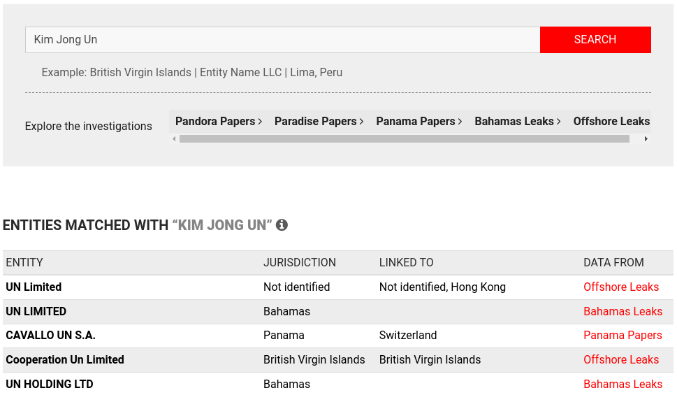 Screenshot of a webpage displaying entities linked with the name “Kim Jong Un” from various offshore leak databases.