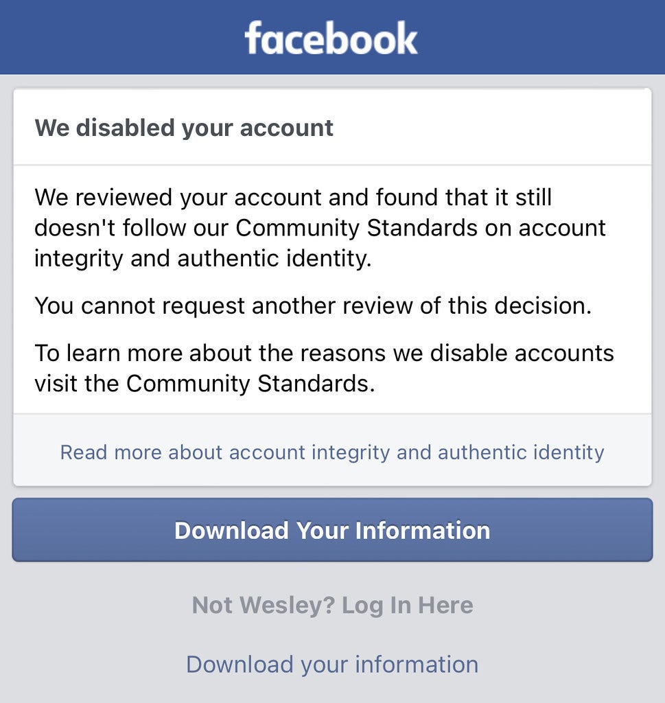 Screenshot of Facebook message indicating an account suspension request was rejected.