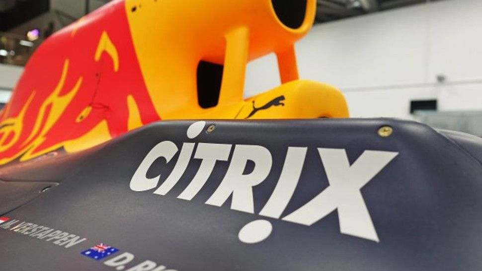 Citrix logo on a the side of a Red Bull Formula Car. Citrix have been sponsoring Red Bell for many years now