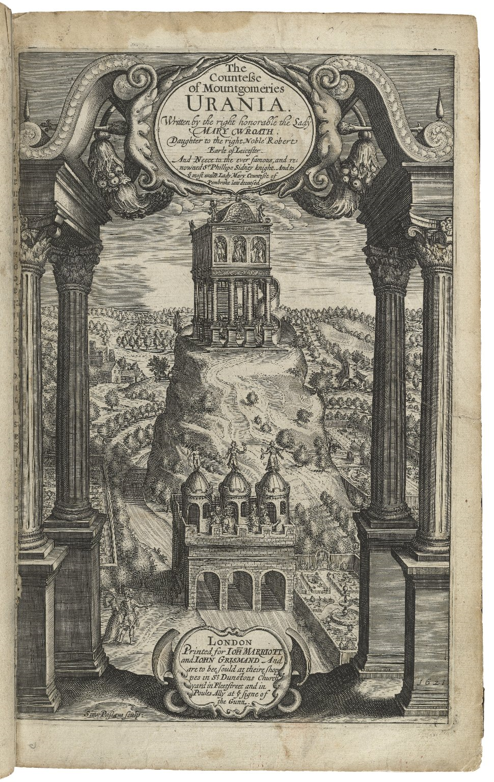 1621 Cover of Lady Mary Wroth’s “The Countesse of Mountgomeries Urania” depicting a city framed by colums.