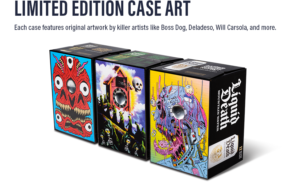 Three cases of Liquid Death with art drawinf of skulls.