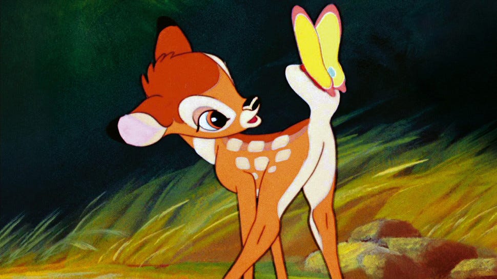 A fawn looks back at their tail, on which is balanced a yellow butterfly.