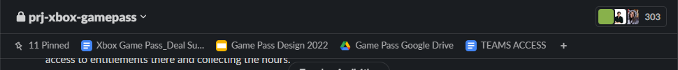 Screenshot of a header of a Slack channel showing 303 active members and a number of pinned documents, including a Slides document titled “Game Pass Design 2022”