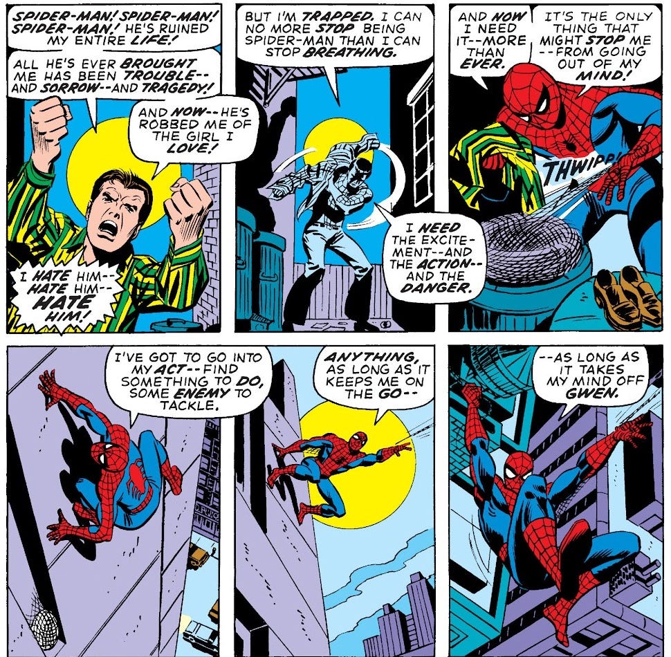 Imagem de um quadrinho do Homem-Aranha. Frustrado, Peter Parker troca suas roupas civis pelo seu uniforme de super-herói, enquanto diz o diálogo descrito na parte acima do texto.