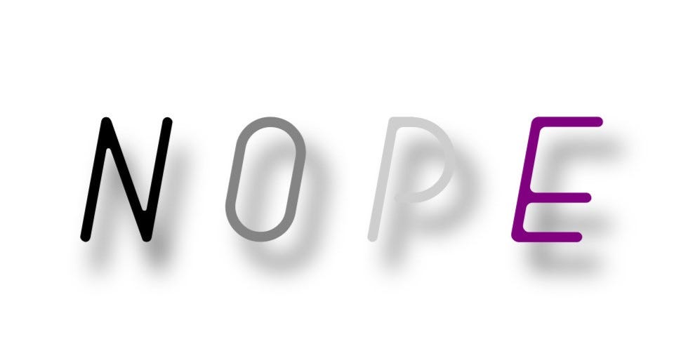 The word “nope” spelled out in all caps, each letter matching one of the four colors of the asexual flag.