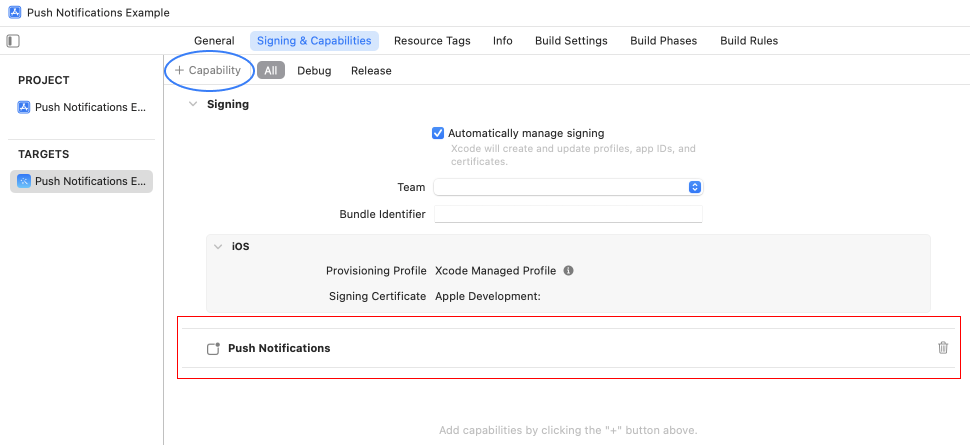 A screenshot of the signing and capabilities screen of xcode with the add capability button and the push notification capability highlighted
