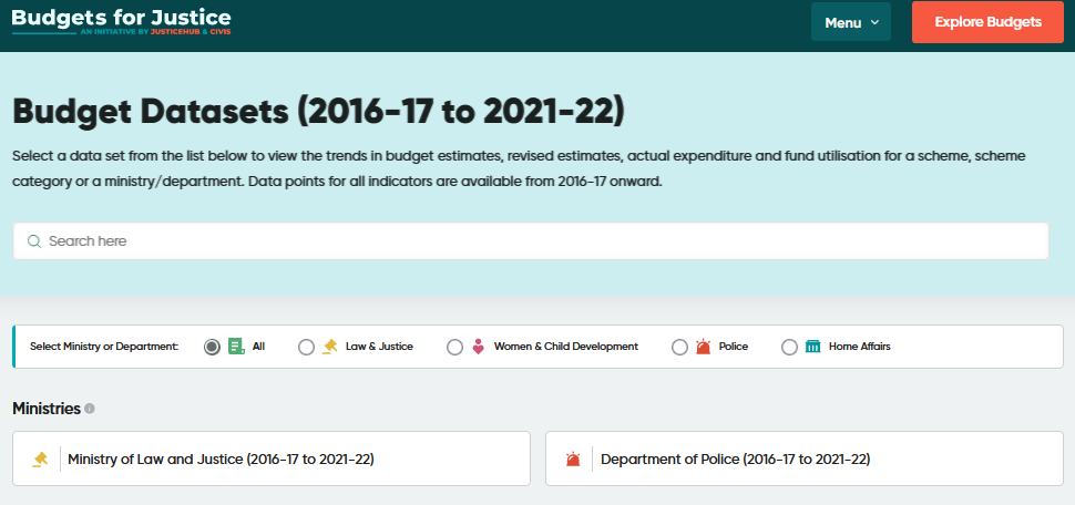 The image shows the dataset listing page of the Budgets for Justice platform. The explorers can be used to view trends in the budget allocation and expenditure patterns for all datasets listed on the platform. The dataset listing page can be accessed here