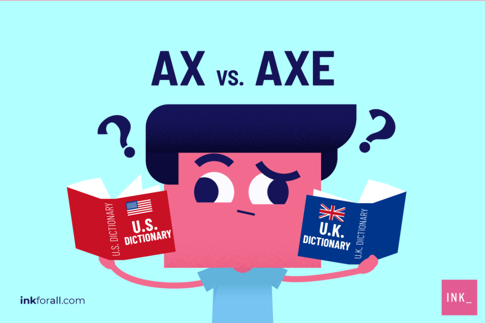 An animated character holding a US dictionary in one hand a UK dictionary in the other, confused whether it is “AX” or “AXE”?