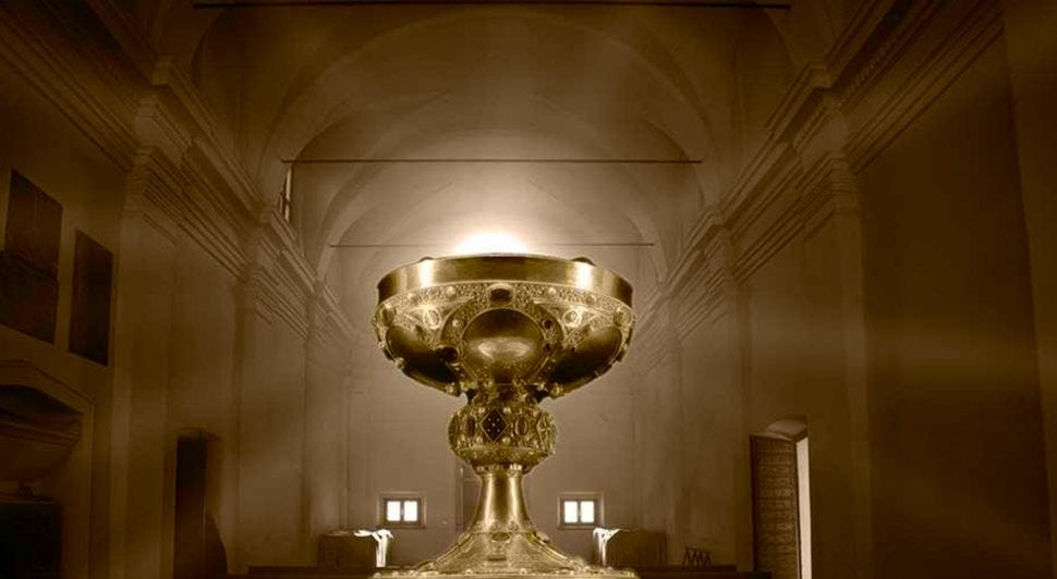 A digitally rendered image of an antique drinking cup, portrayed as the mythological Holy Grail.